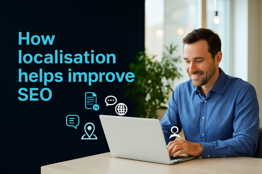 Professional managing multilingual SEO and localisation tasks using digital tools in a modern office environment.